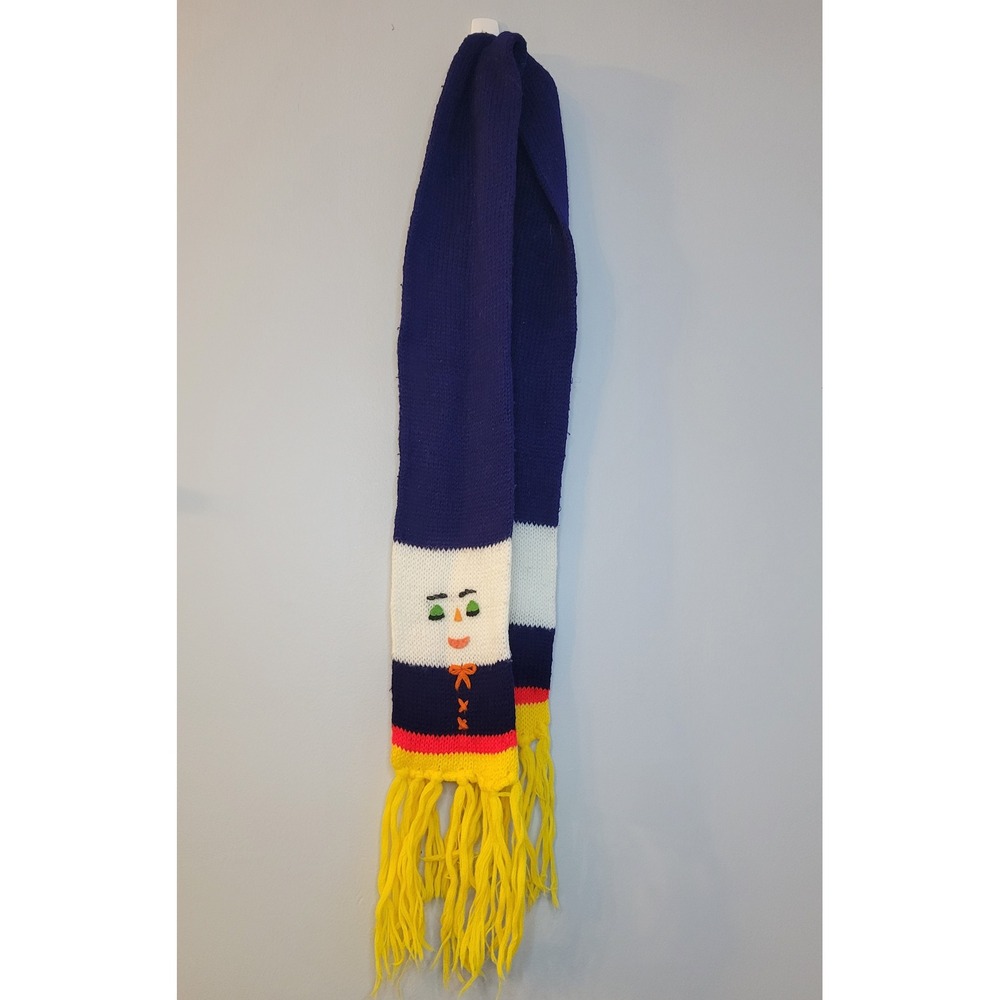 Vintage 70s 80s Snowman Knit Scarf Made in Italy Winter Holiday Fringe Navy Blue